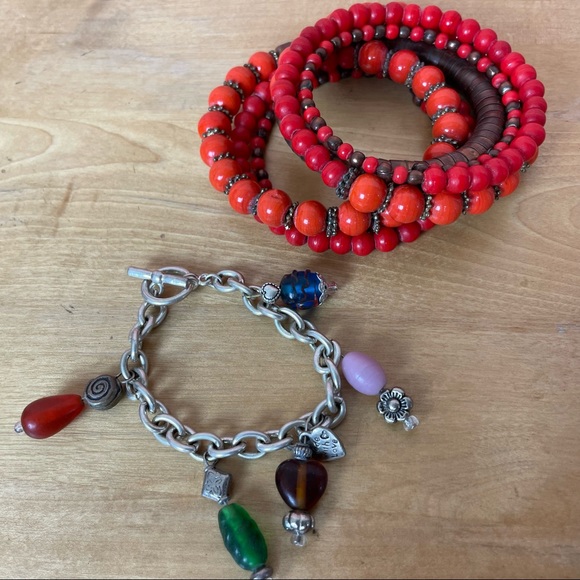 Set of Two Orange and Multi-Color Boho Bracelets (2 pieces) - Picture 1 of 12